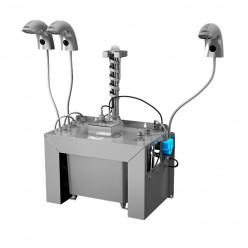 Sanela - Automatická nerezová stojánková baterie (3 ks) s centrálním dávkovačem mýdla a elektronikou ALS pro jednu vodu, nádržka na mýdlo 6 l, 230 V AC